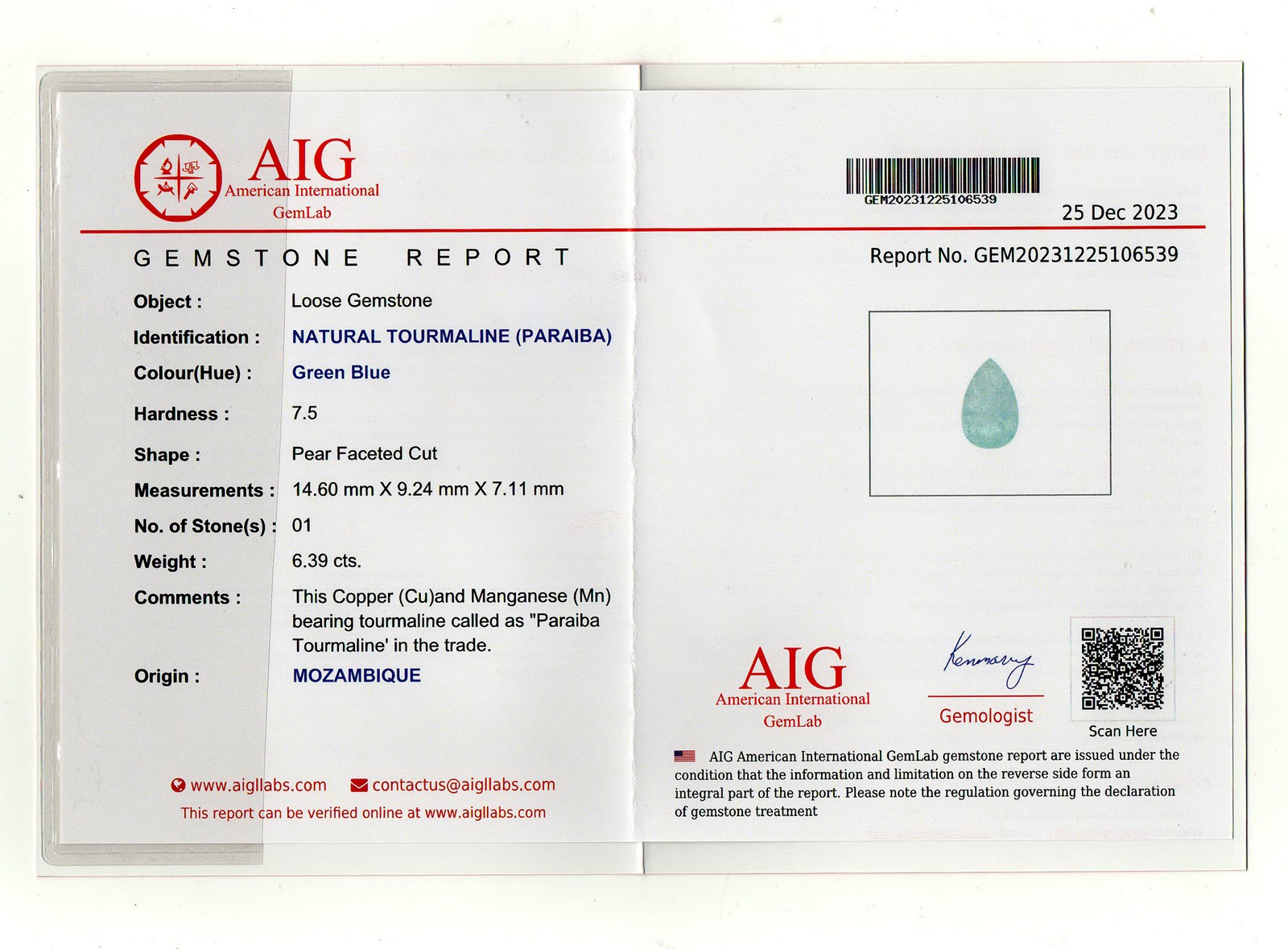 6.39 Cts_AIG CERTIFIED_100 % Natural Copper Bearing Blue Paraiba Tourmaline