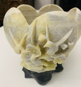 Oriental Hand Carved Soapstone Bowl W/Birds & Flowers On Wooden Base. Vintage