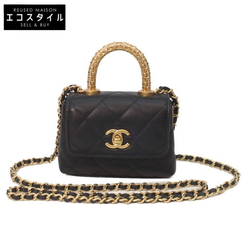CHANEL AP4245 Black Lambskin Gold Top Handle Flap Bag Micro Coco Handle from Jap