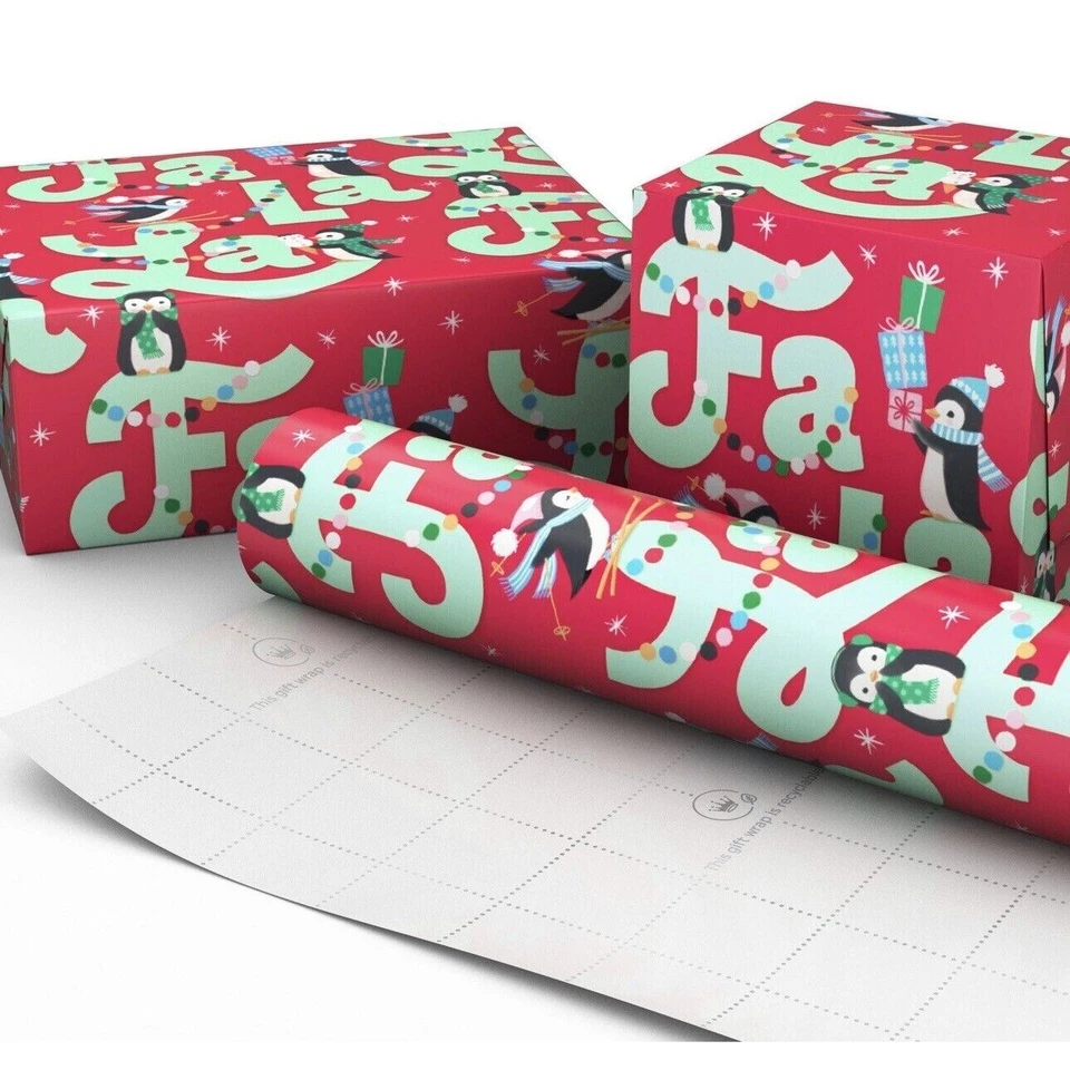Hallmark Wrapping Paper Christmas Penguins Fa La La Red 35 sq ft Roll Holiday - Image 3 of 4