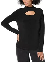 Susan Graver Women's Liquid Knit Mock Neck Top w Keyhole Black