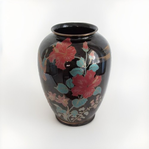 Japanese Glossy Black Floral with Hummingbird Porcelain 10" Signed Vase - Picture 3 of 11