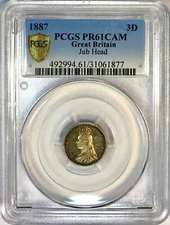 1887 Great Britain Jubilee Head Silver 3D 3 Pence PCGS PR61 CAM Cameo Proof