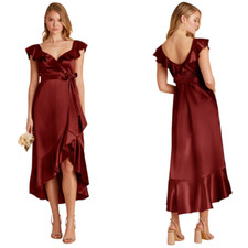 BIRDY GREY Bridesmaid James Midi Dress, Satin Cabernet Ruffles Sleeveless, S