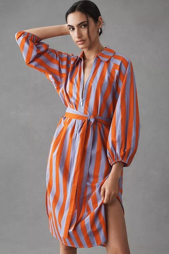 Essentiel Antwerp Zip Shirt Dress Anthropologie Striped Orange Purple Size M NEW - Afbeelding 1 van 5