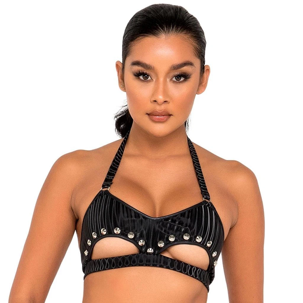 Studded Crop Top Underboob Cut Out Keyhole Halter Neck O Rings Spiked Black  6119