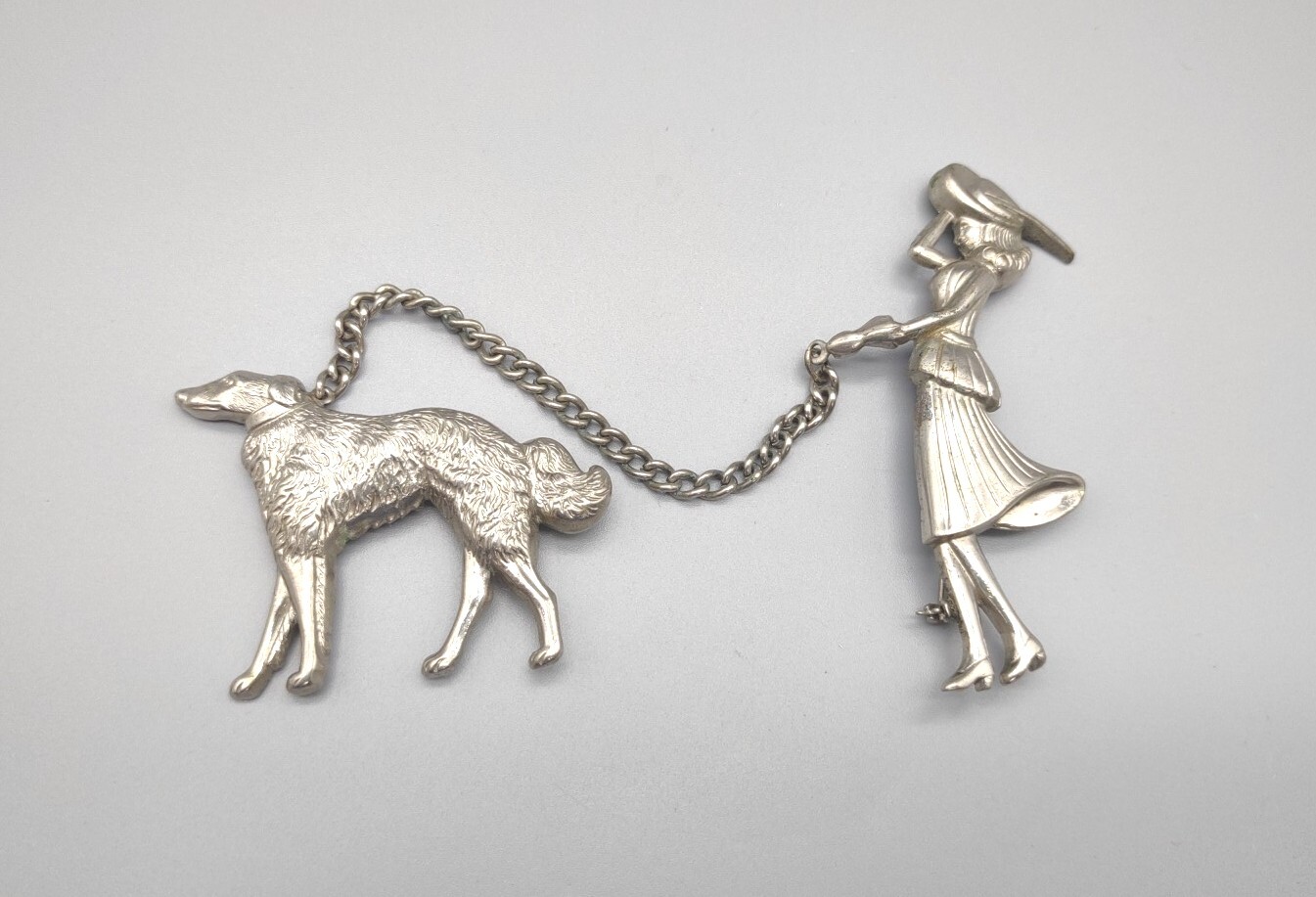 Vintage Coro Pegasus Art Deco, Silver Tone Lady Walking Dog Brooch Pin