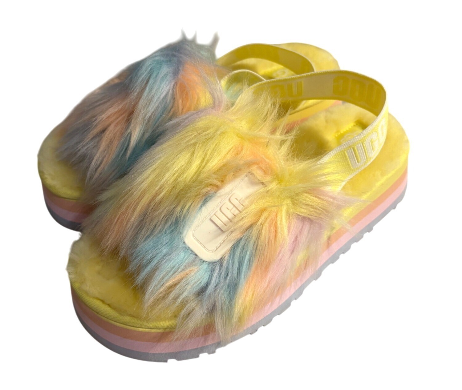 PANTOFOLA D’ORO Sandali UGG donna Fluff Yeah Slide taglia 8 gialli multi pelliccia sintetica cinturino elastico