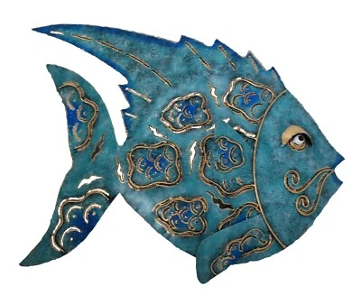 M Türkis Fisch Metall Wandkunst Wand Skulptur 50 Cm Breit X 39 Cm Neu - Bild 1 von 4