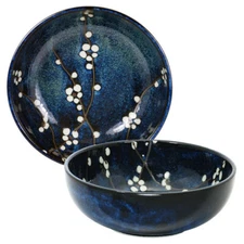 Japanese 7.75"D Porcelain Noodle Rice Bowl Blue Plum Cherry Blossom JAPAN MADE