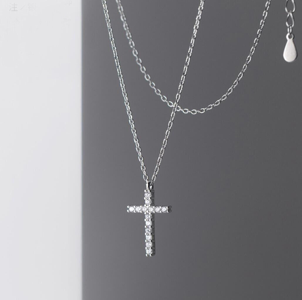 Sterling Silver Cross Cubic Zirconia Paved Pendant Necklace Women
