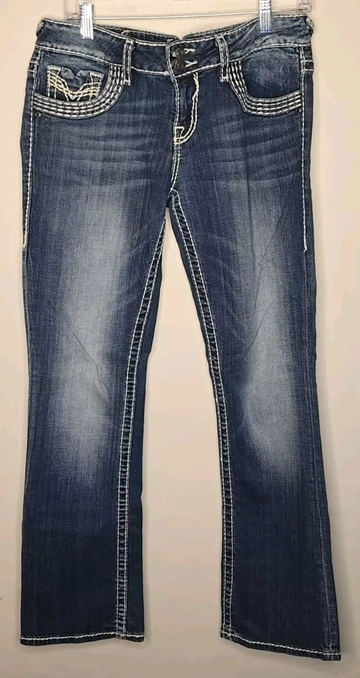 Vigoss Jeans Juniors 9 L32 Dublin Bootcut Low Rise Dark Wash Thick Stitch Faded - Image 2 of 4