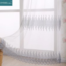 Pairs Modern Floral Embroidered Scallop Stripe Voile Tulle Sheer Windows Curtain