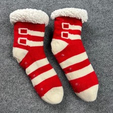 Women's Red White Striped Slipper Socks Sherpa Fleece Lined Gripper Soles Cozy
