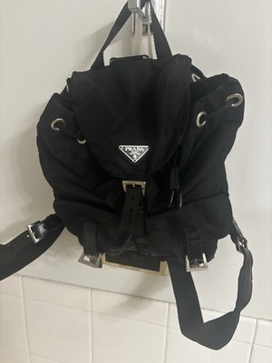 PRADA Black Small Backpack Logo Drawstring Buckle, Detachable Strap Silver HW