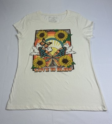Wound Up Graphic T Shirt Womens XXL Ivory Sunflower Butterfly Love Is Bliss Tee
