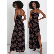 NWT Lulu’s Exquisite Navy Blue Floral Burnout Velvet Strapless Maxi Dress Large