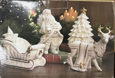 NIB Kirkland's Santa Reindeer Sleigh Tree White/Gold Figure Set