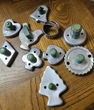 Vintage Lot of 10 Aluminum Cookie Cutters with Green Wood & Metal Handles