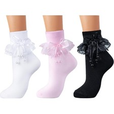 Womens Ruffle Socks, Cotton Ankle Socks with Bow and 5-9 White/Black/Pink