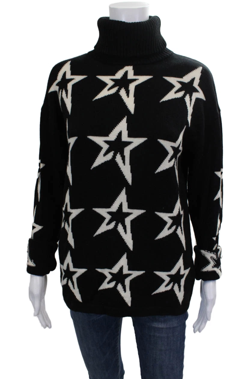 Perfect Moment Womens Black Merino Wool Turtleneck Pullover Stars Size XL