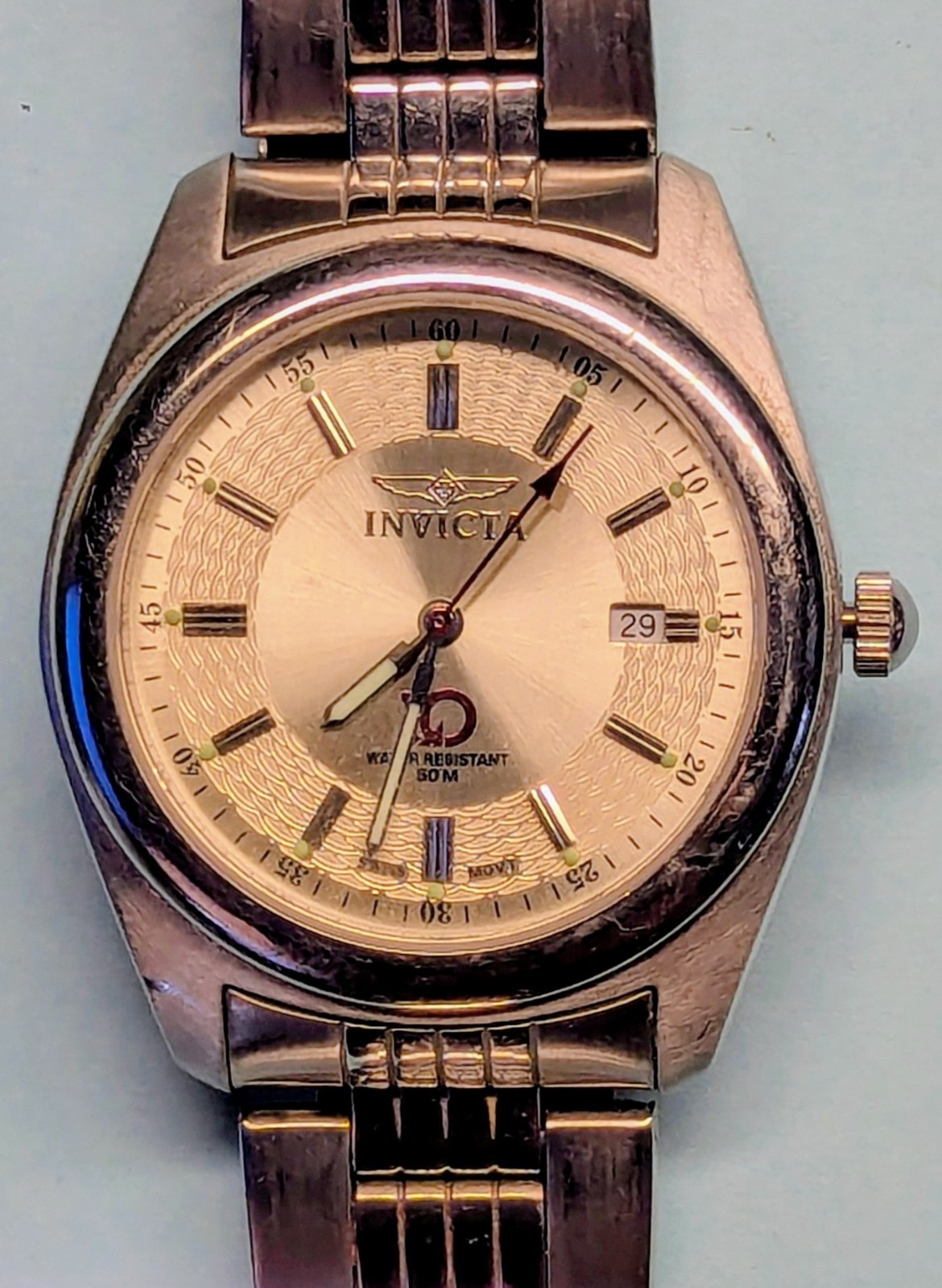Invicta Gold Tone Quartz Date Analog Dress Watch Gold Stainless Bracelet 50M