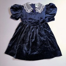 VTG Rare Editions Velvet Dress Girls 4 Royal Blue Lace Collar V-waist USA Union