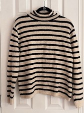 J. Crew Striped Terry Cloth Sweater Women's L Cream Navy Mock Neck Vacay Coastal