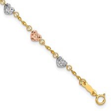 14k Tri-color Gold Diamond-cut Puffed Heart Bracelet 7"