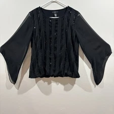 Alfani Blouse Women M Black Sequin Sheer Sleeve Holiday Party Top
