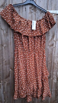 BNWT River Island Brown White Polka Dot Bardot Frill Dress 10 £46