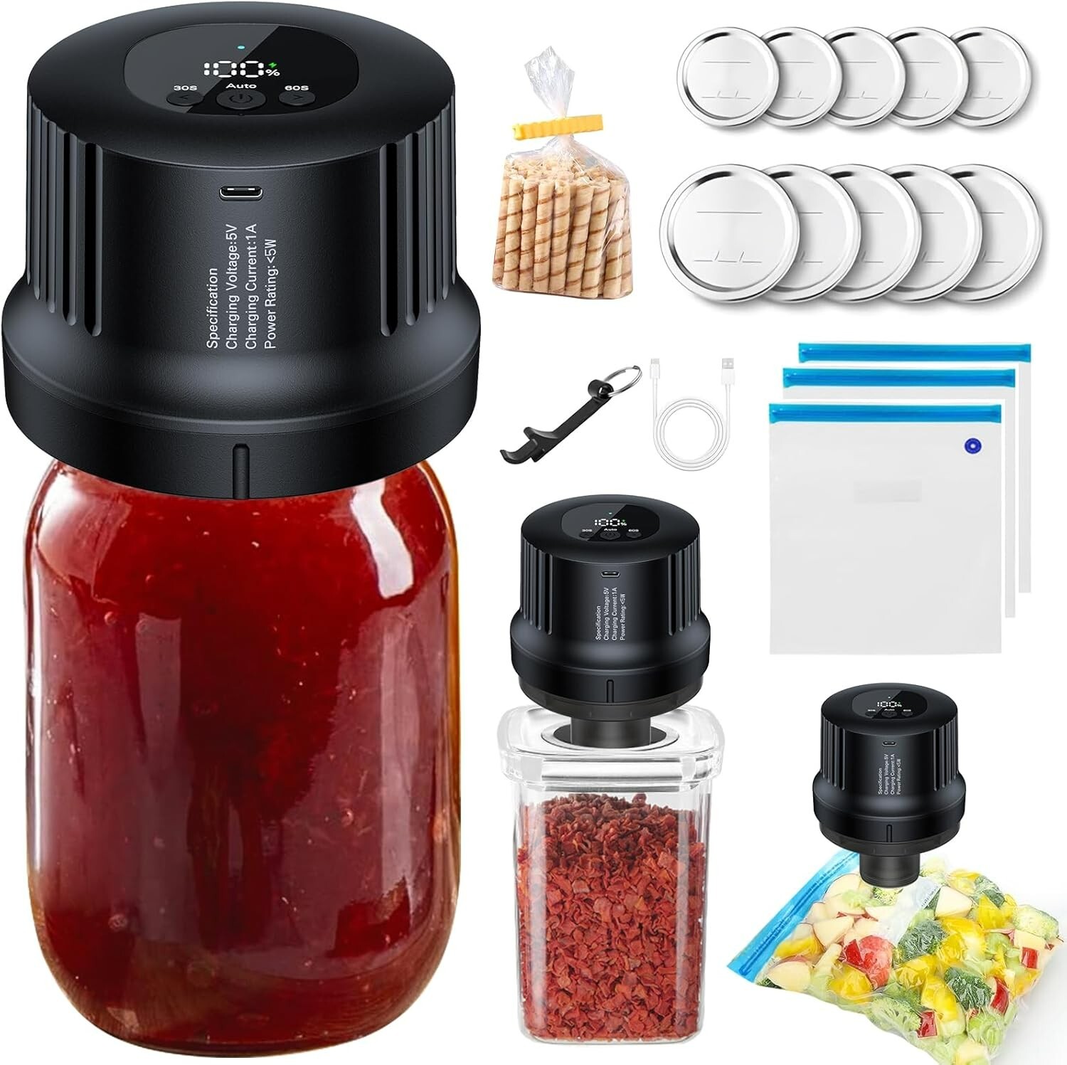 Electric Mason Jar Vacuum Sealer Kit for Wide & Regular Mouth Mason Genie Jar