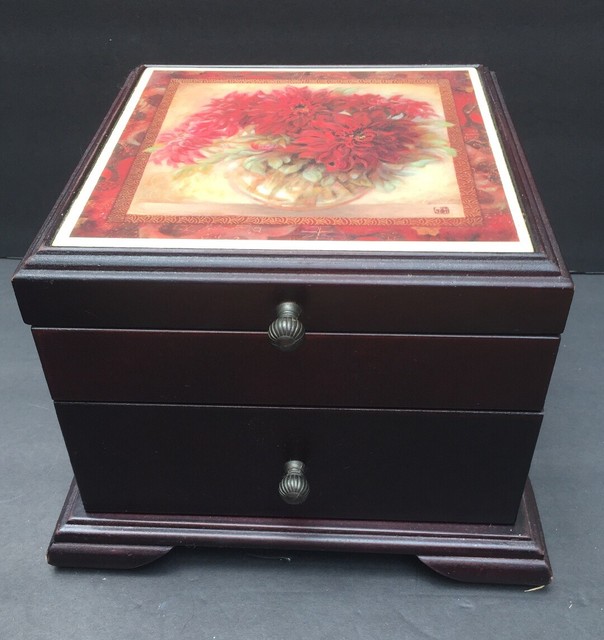 Cherry Wood Jewelry Box Lift Top Floral Scene EUC 9x9.5x6 eBay