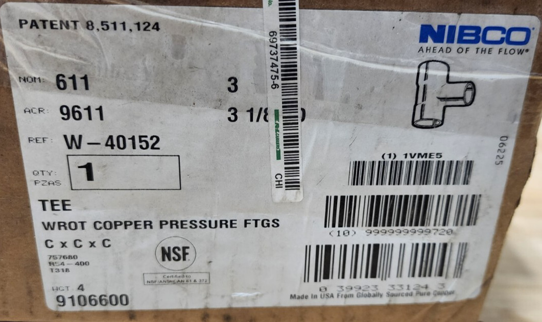 NIBCO 611 9611 3 1/8" OD 3" Copper Tee CxCxC Wrot Pressure Fitting W-40152