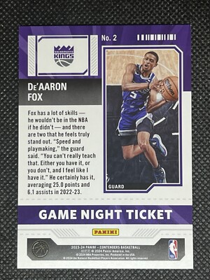 PANINI NBAカード CONTENDERS DRAFT PICKS DE AARON FOX 22/25 #55 送料無料 中古 IT2 2023-24 Panini Contenders DE'AARON FOX #2 GAME NIGHT TICKET
