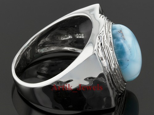 Natural Larimar Gemstone With 14K White Gold Plated Silver Ring for Men's #913 - Picture 7 of 11