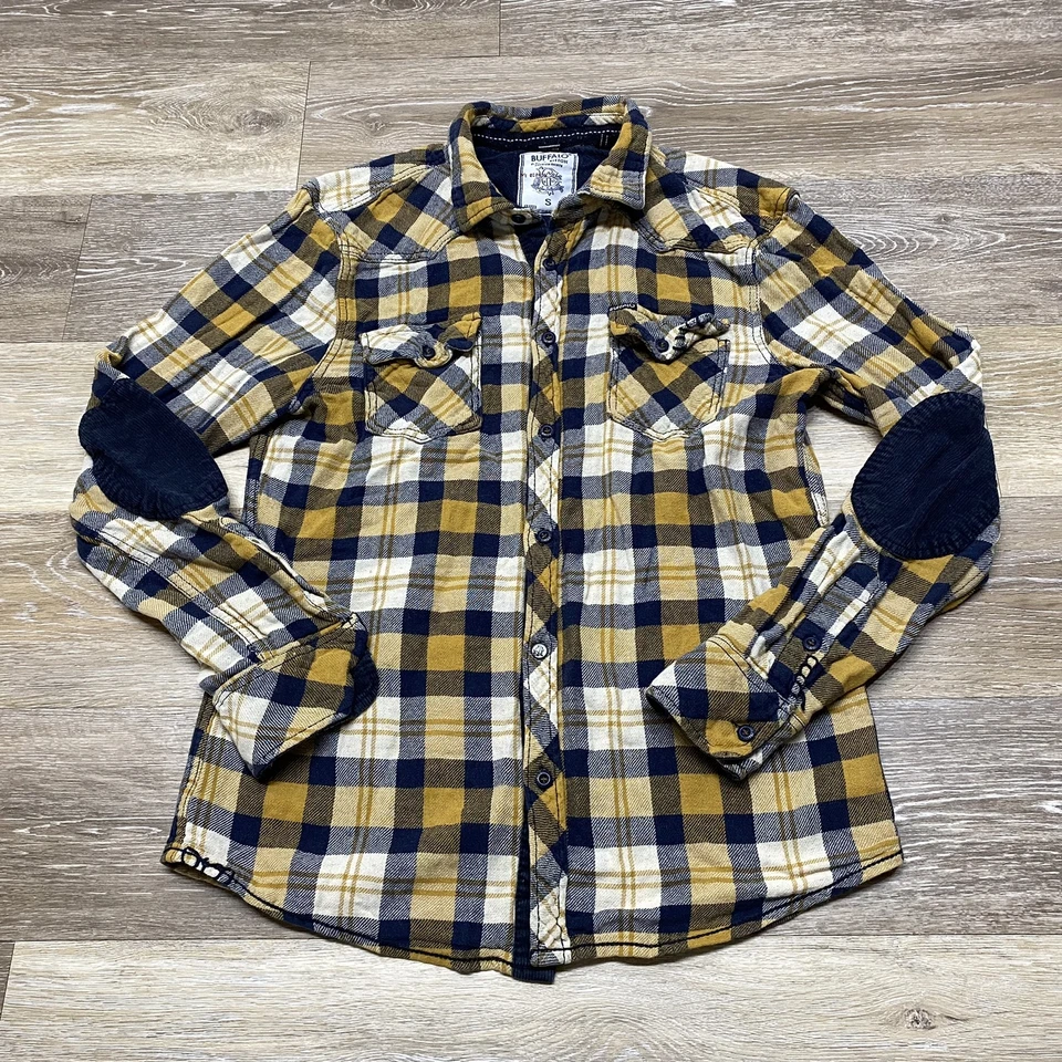 Camisa de franela a cuadros amarilla manga parche abotonada BUFFALO para hombre talla pequeña Foto 2 de 4