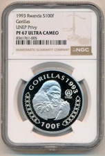 [121101] Rwanda 1993 100 FR Wild life Gorilla Silver Coin - NGC PF67 Ultra Cameo