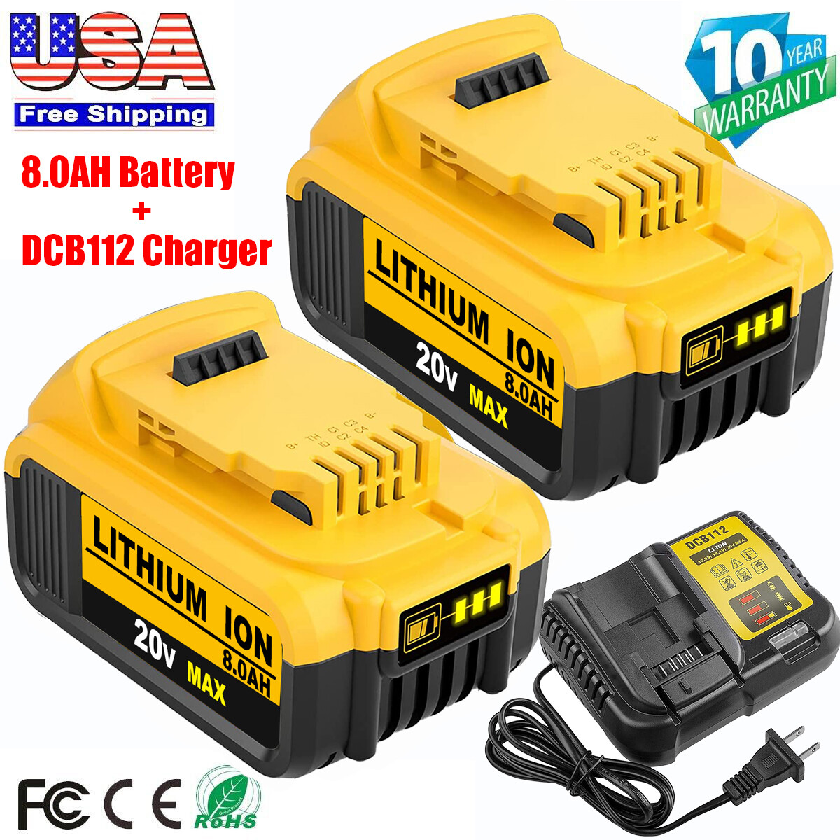 2PCS Dewalt DCB205 20V 8.0Ah MAX Li-ion Battery with DCB112 Charger
