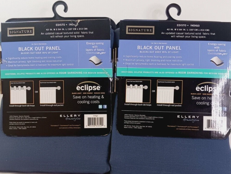 Eclipse Black Out Panel/ Rod Pocket Back Tab Textured Solid Indigo Set Of 2 New - Image 2 of 4