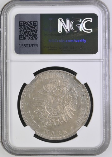 GERMANY BAVARIA LUDWIG II 1876-D 5 MARK SILVER COIN, NGC CERTIFIED AU55 - Picture 2 of 2