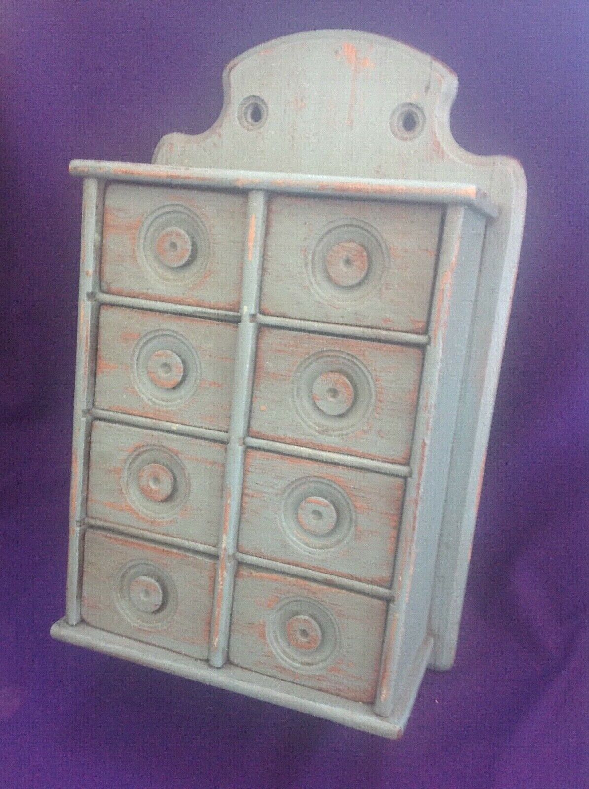 ANTIQUE HANGING WOODEN WALL BOX 8 DRAWER SPICE CABINET IN BLUE PAINT