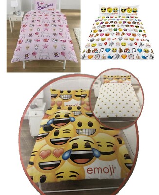 Kids Emoji Icons Double Duvet Quilt Cover Unicorn Funny Faces Emojis Bedding Set