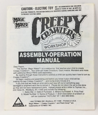 Vintage 1992 Creepy Crawlers Workshop - Assembly Operation Manual Only
