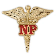 NP NURSE PRACTITIONER  GOLD CADUCEUS RED MEDICAL BADGE PIN