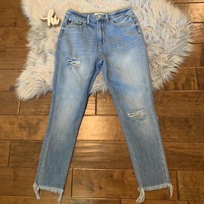 Kancan Womens  Jeans High Rise Distressed Boyfriend Denim Frayed Raw Hem Size 26