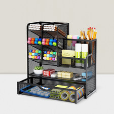 Mesh Pen Holder Desk Organizer with Drawer Multi-Functional for Office