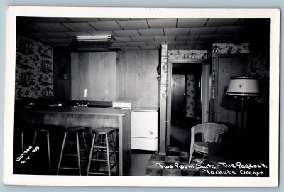 Yachats Oregon OR Postcard RPPC Photo Two Room Suite The Paddock Interior c1950s