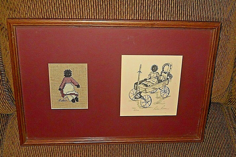 Robin Rowe Limited Ed Framed Print Sketch & Cross Stitch Rag Dolls in Wagon