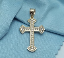 Elegant 14K Karat Solid Yellow Gold Designer Religious Cross CZ Pendant Charm